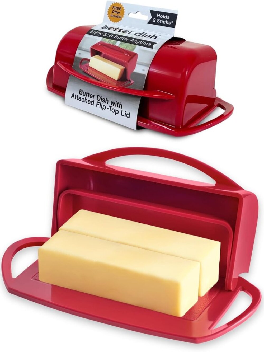 Flip Top Butter Dish with Attached Lid - Holds 2 Sticks, Fits Kerrygold/European